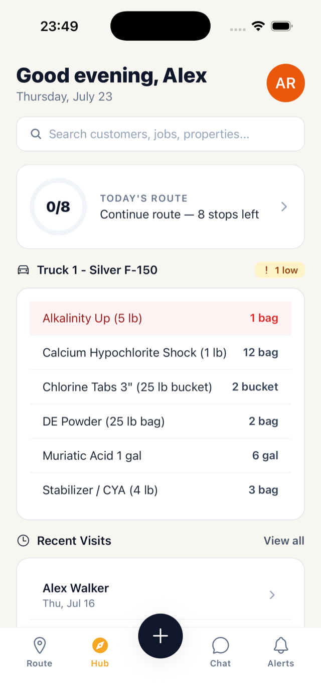 Hub and truck inventory screen